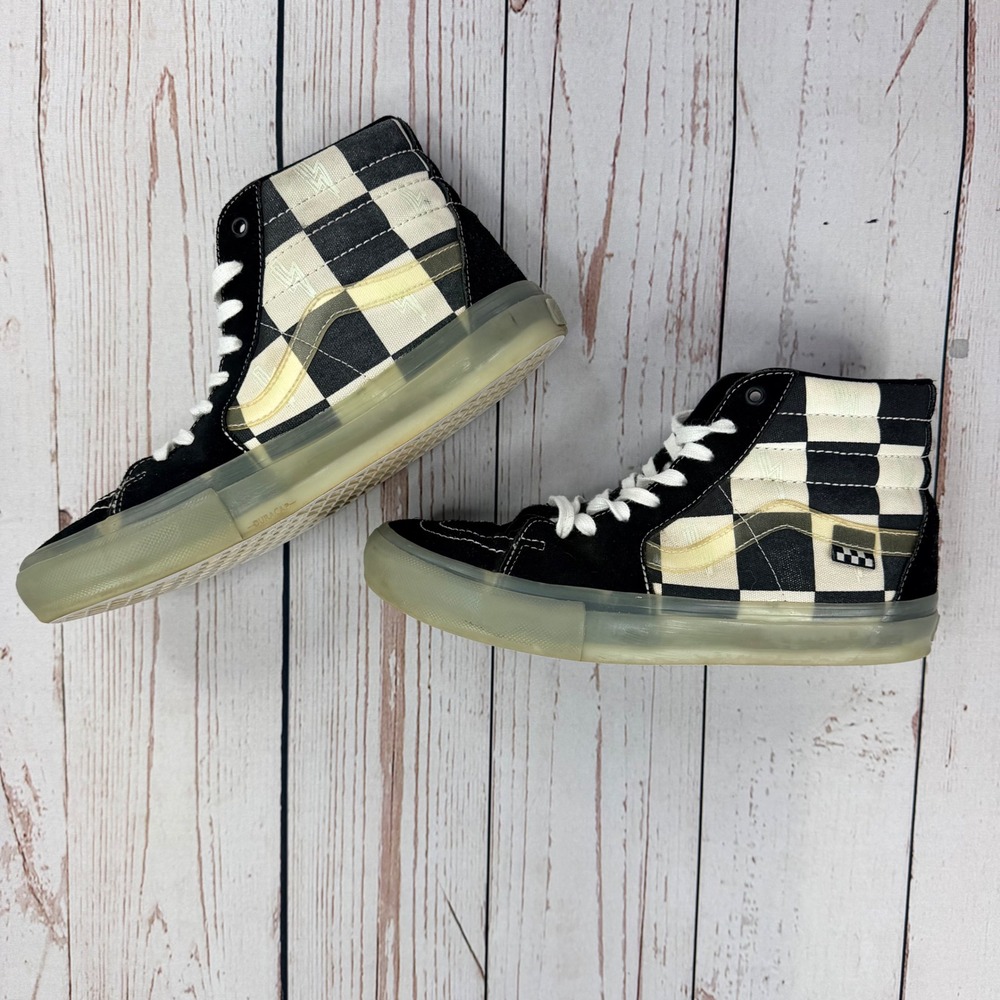 Vans Sk8-Hi Glow In The Dark Checkerboard Lightning Bolt Skate Shoes Black White